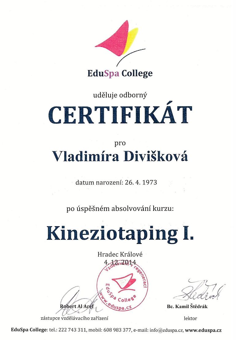 Certifikát o absolvování kurzu: Kineziotaping I.