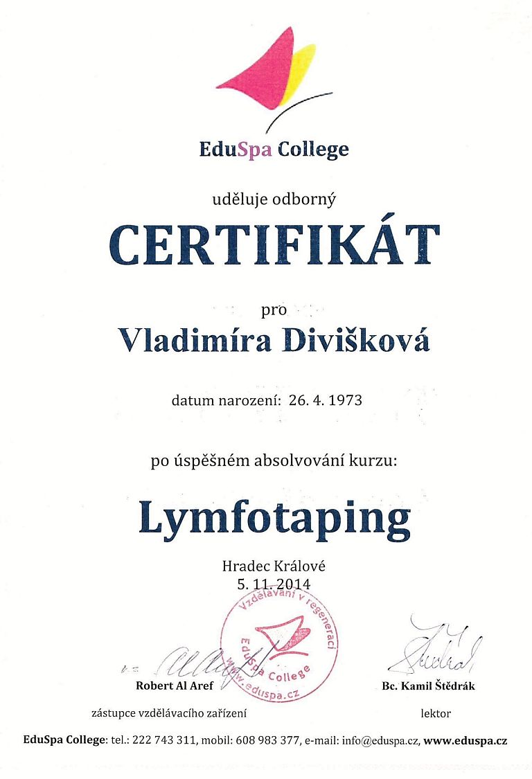 Osvědčení o absolvování vzdělávacího kurzu: Lymfotaping