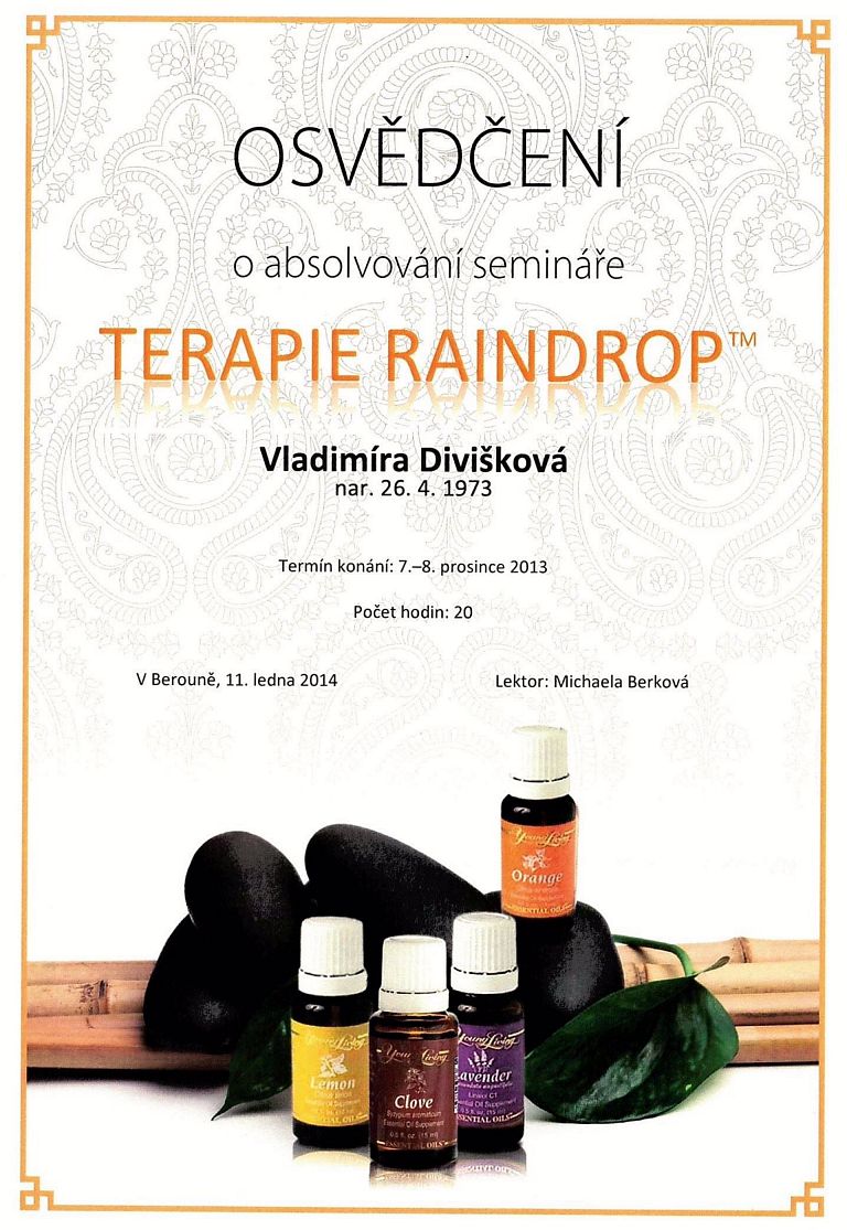 Osvědčení o absolvování semináře Terapie Raindrop